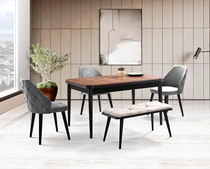 Nil Black Table & Latina Chair & Ruya Bench Set HDR1223