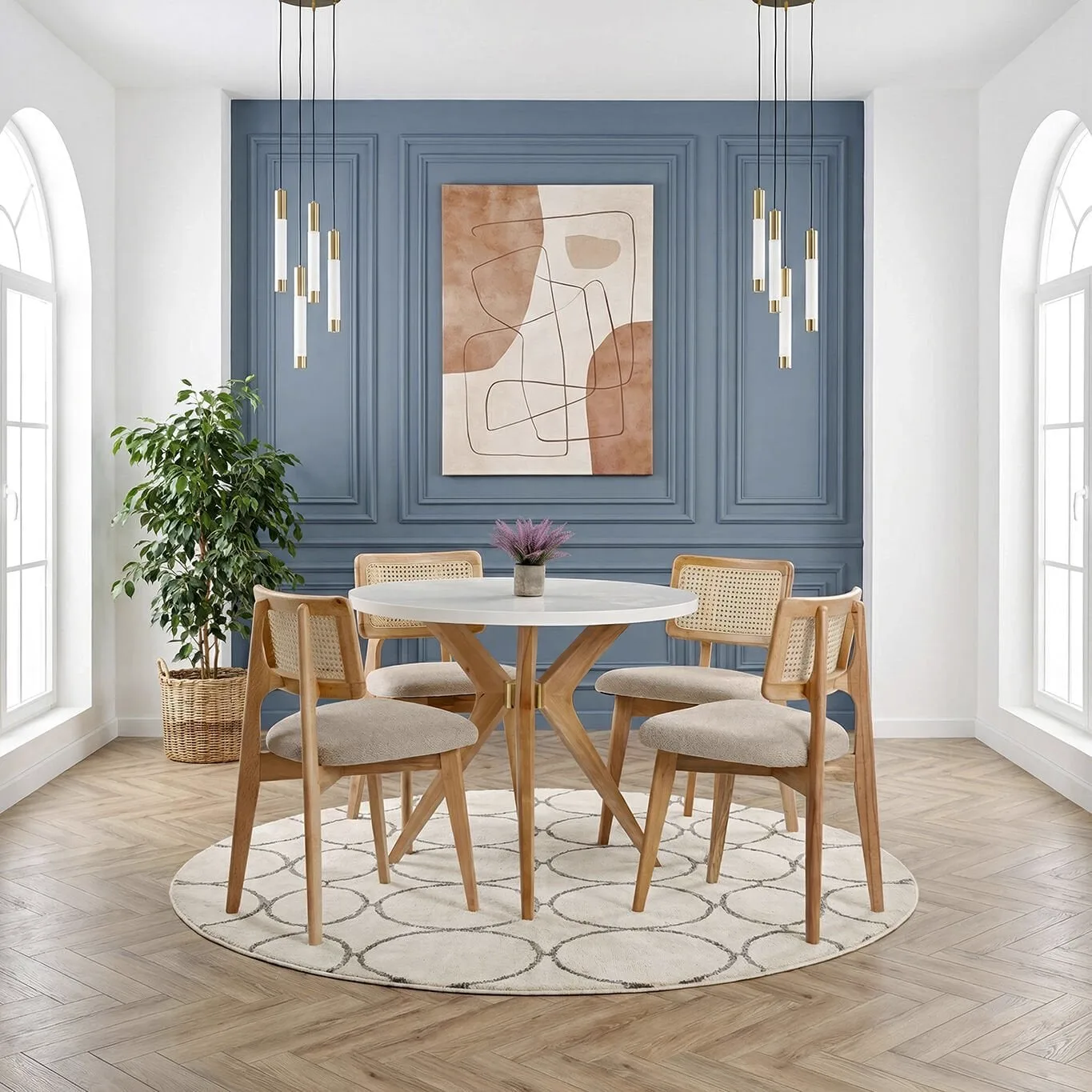 Begum White Round Table & Yonca Wicker Chair Set HDR1206