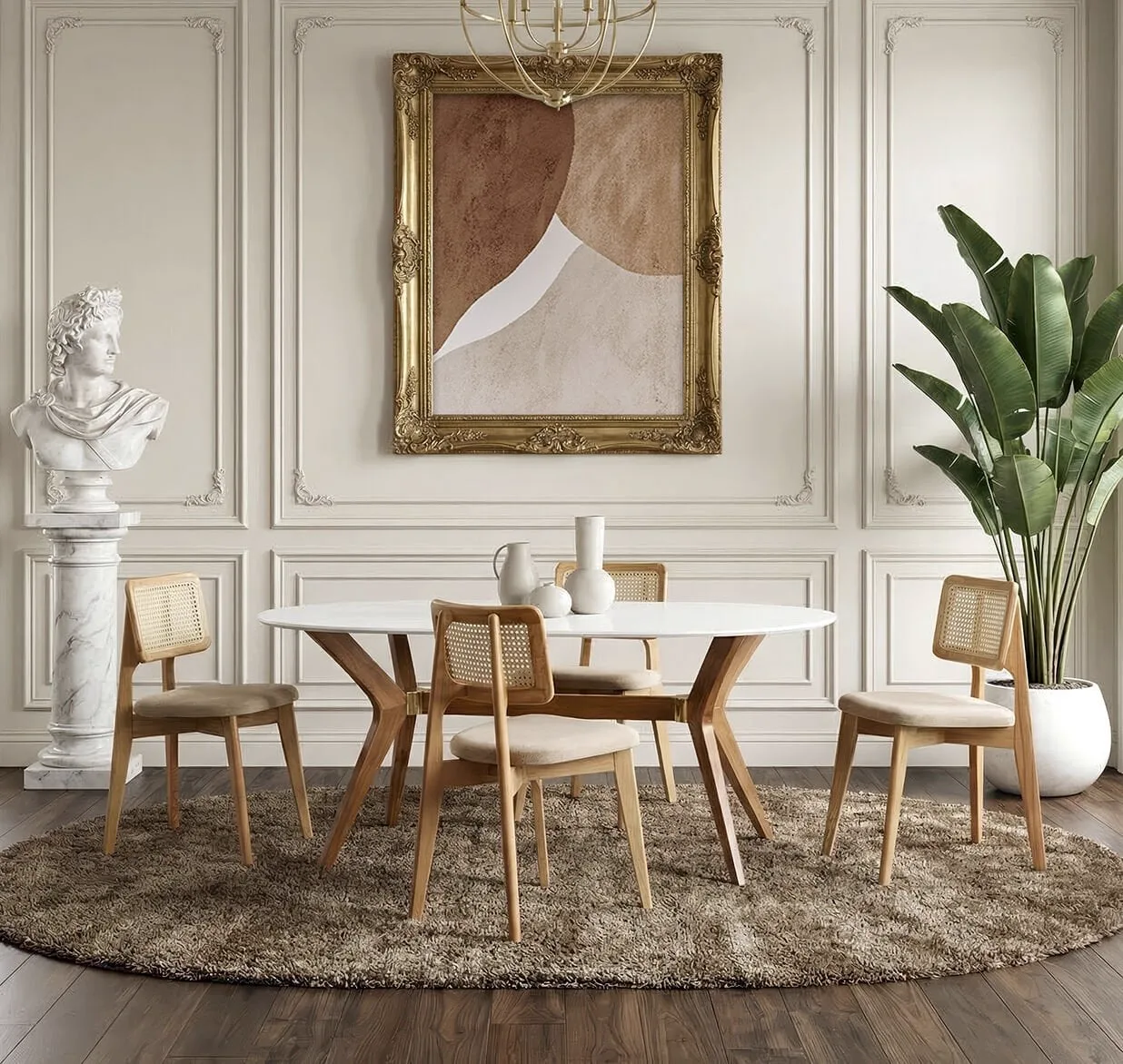 Cesme White Oval Table & Yonca Wicker Chair Set HDR1214