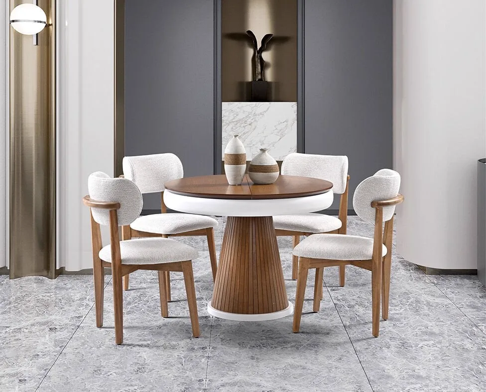 Mantar Walnut Round Table & Atlas Walnut Chair Set HDR1201