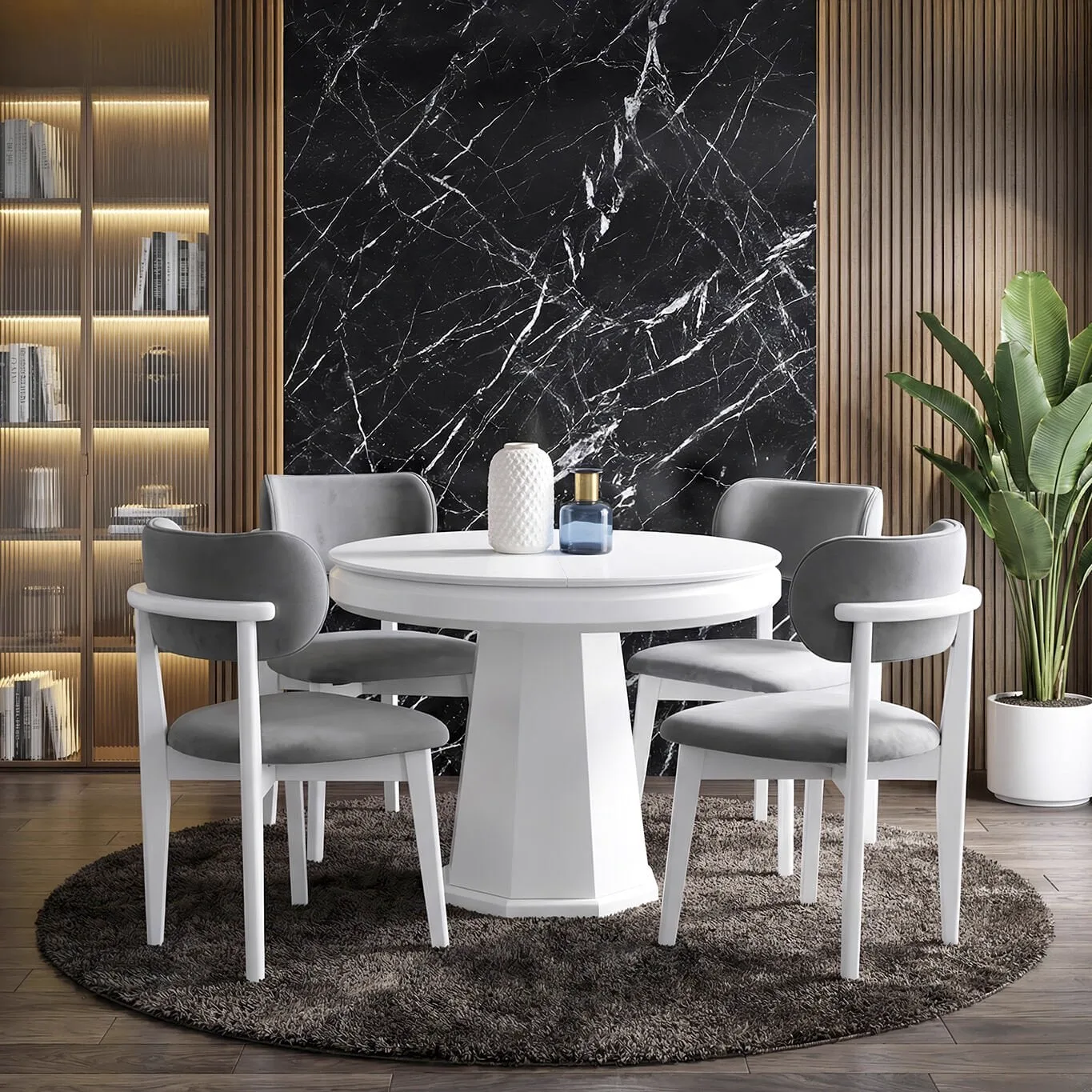 Hayal White Round Table & Atlas White Chair Set HDR1202