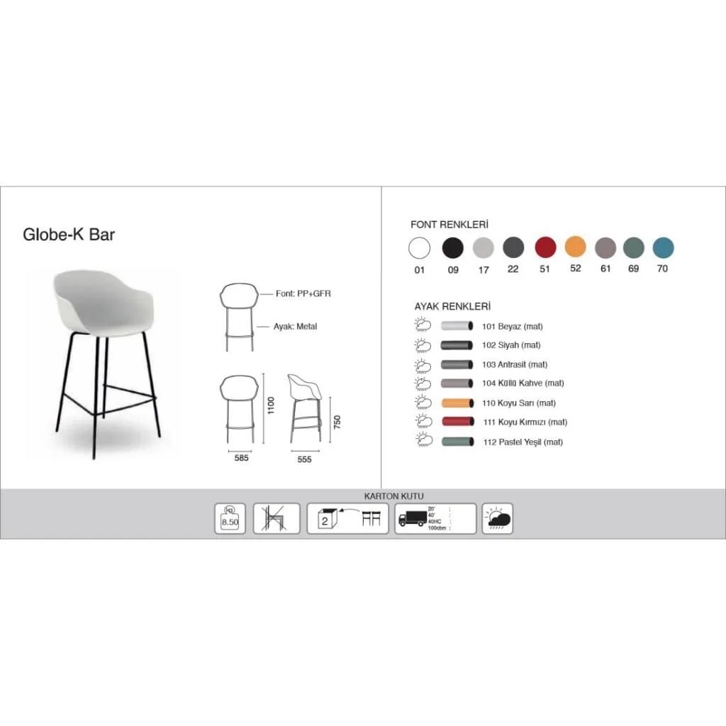 Globe-K Bar Beyaz - Siyah Kollu Bar Sandalyesi PPT1534