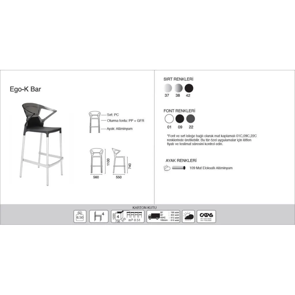 Ego-K Bar Solid Black - White Aluminium-Leg Bar Chair with Arms PPT1469