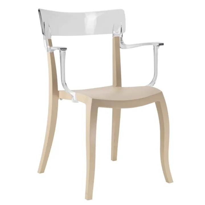 Hera-K helder transparant - zandbeige keukenstoel met armleuningen PPT1180