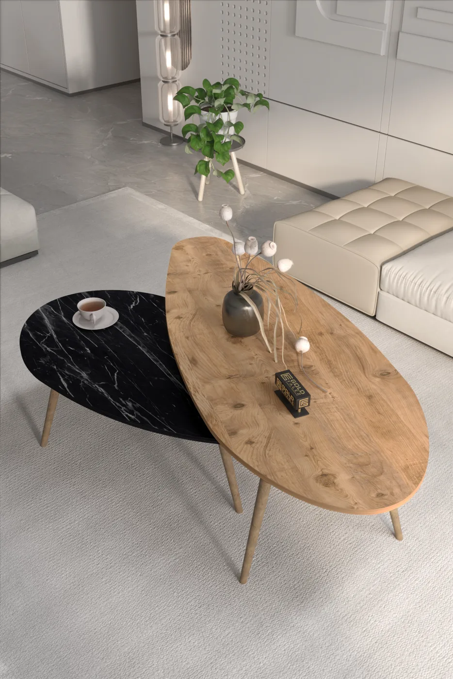 Elips Modern Melamine-faced chipboard Coffee Table Set Walnut Black