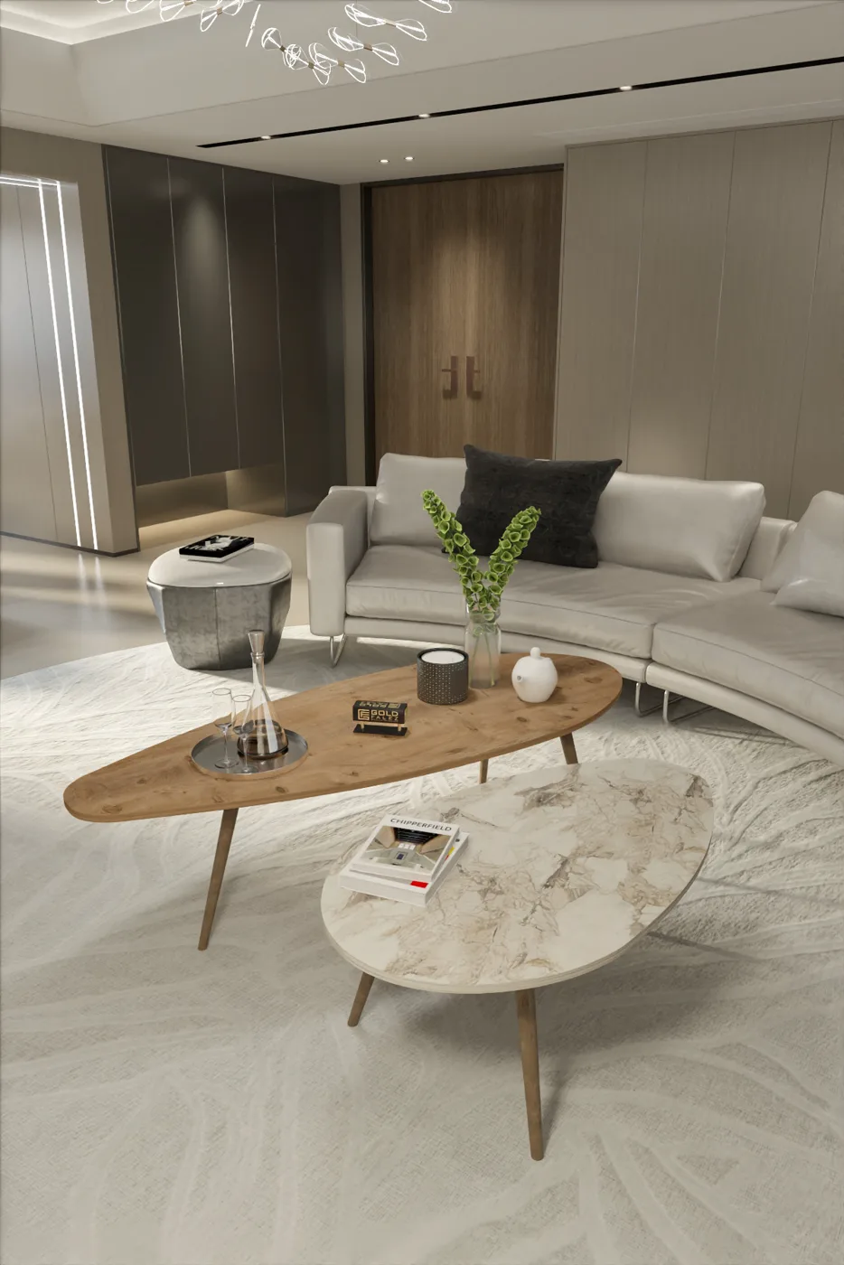 Elips Modern Melamine-faced Chipboard Coffee Table Set, Walnut Ecru