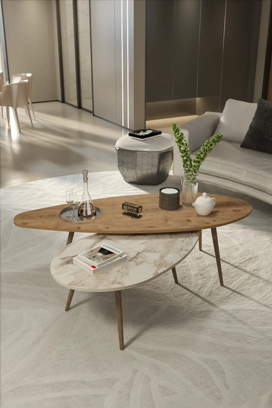 Elips Modern Melamine-faced Chipboard Coffee Table Set, Walnut Ecru
