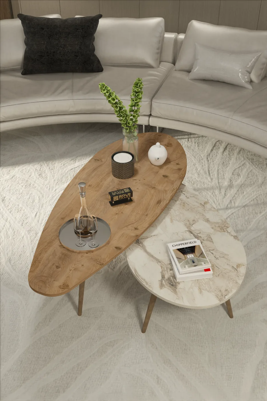 Elips Modern Melamine-faced Chipboard Coffee Table Set, Walnut Ecru