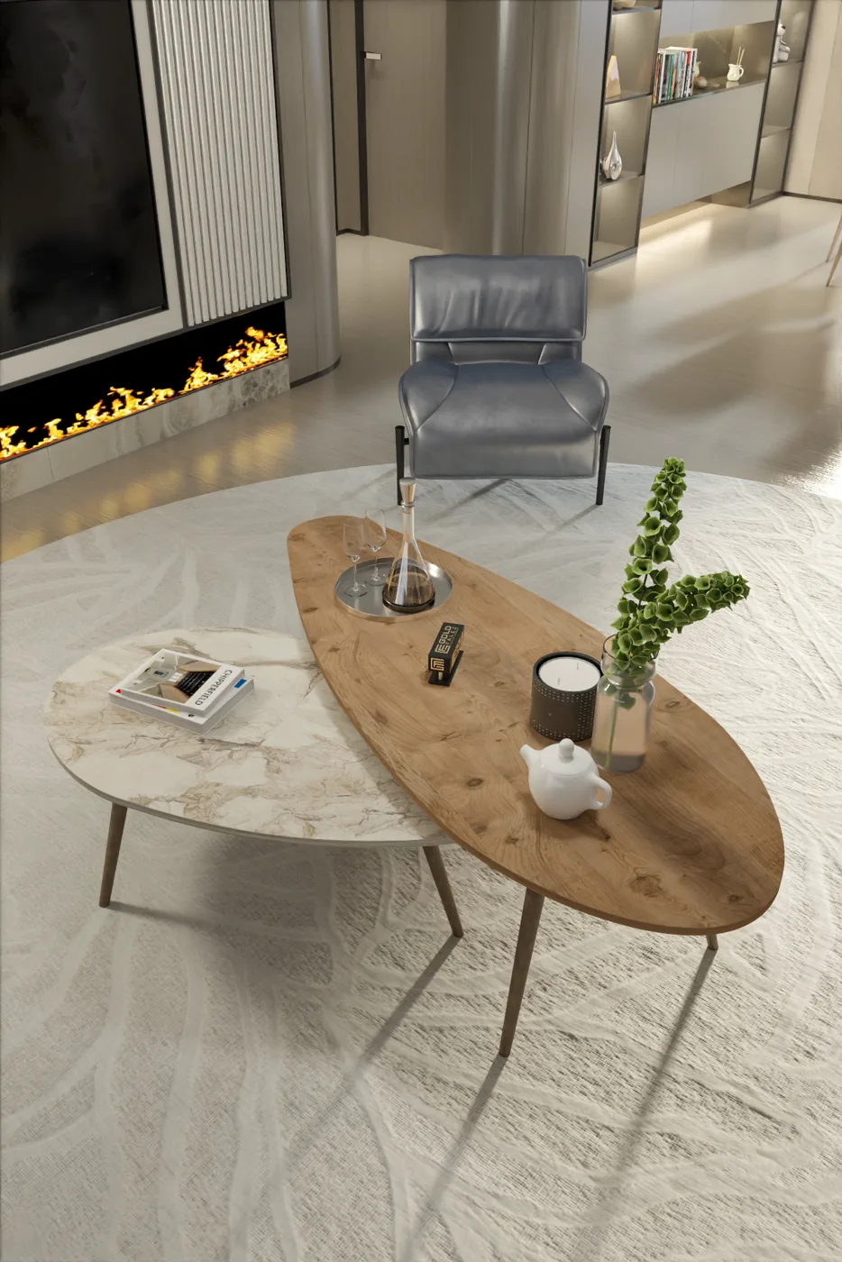 Elips Modern Melamine-faced Chipboard Coffee Table Set, Walnut Ecru