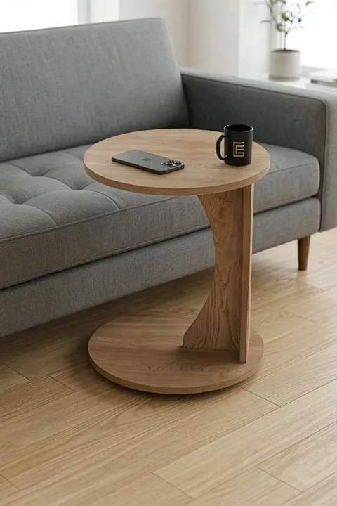 Classic Melamine-faced Chipboard C-Shape Round Side Table, Beige