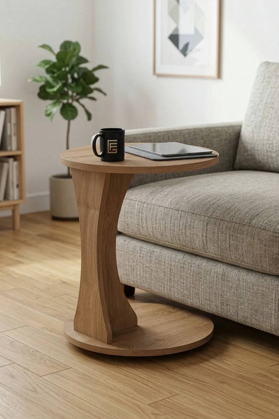 Classic Melamine-faced Chipboard C-Shape Round Side Table, Beige