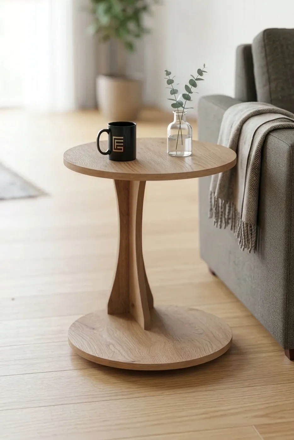 Classic Melamine-faced Chipboard C-Shape Round Side Table, Beige