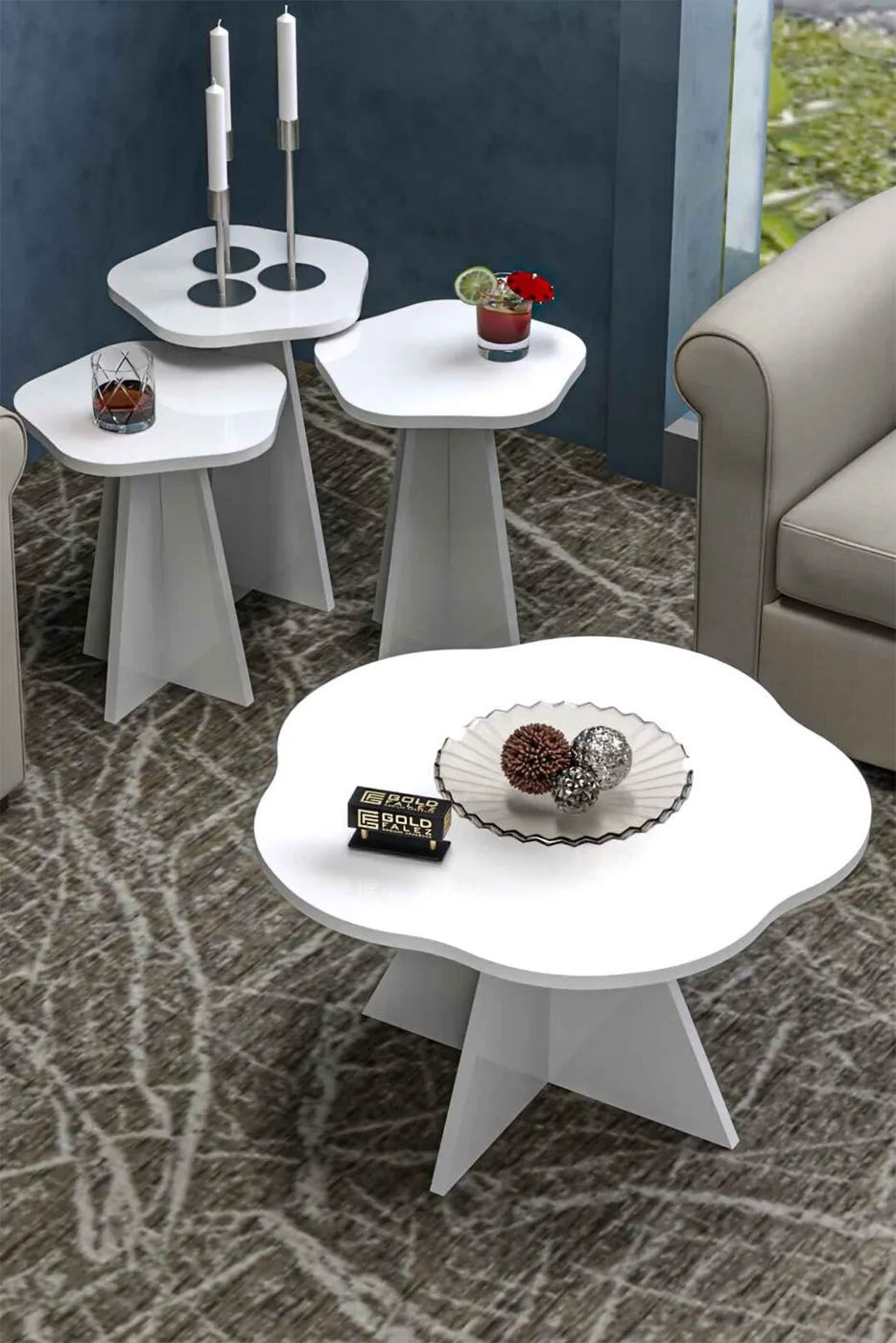 Flower ensemble table basse et tables gigognes en panneau de particules mélaminé blanc