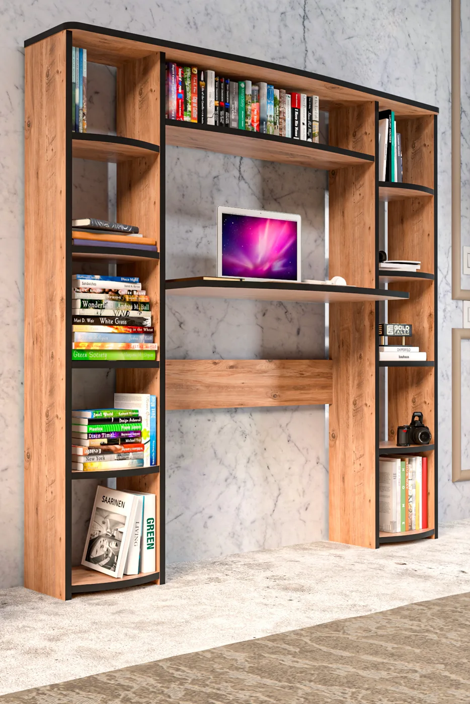 10 Raflı Kitaplıklı Çalışma Masası Suntalam Kahverengi