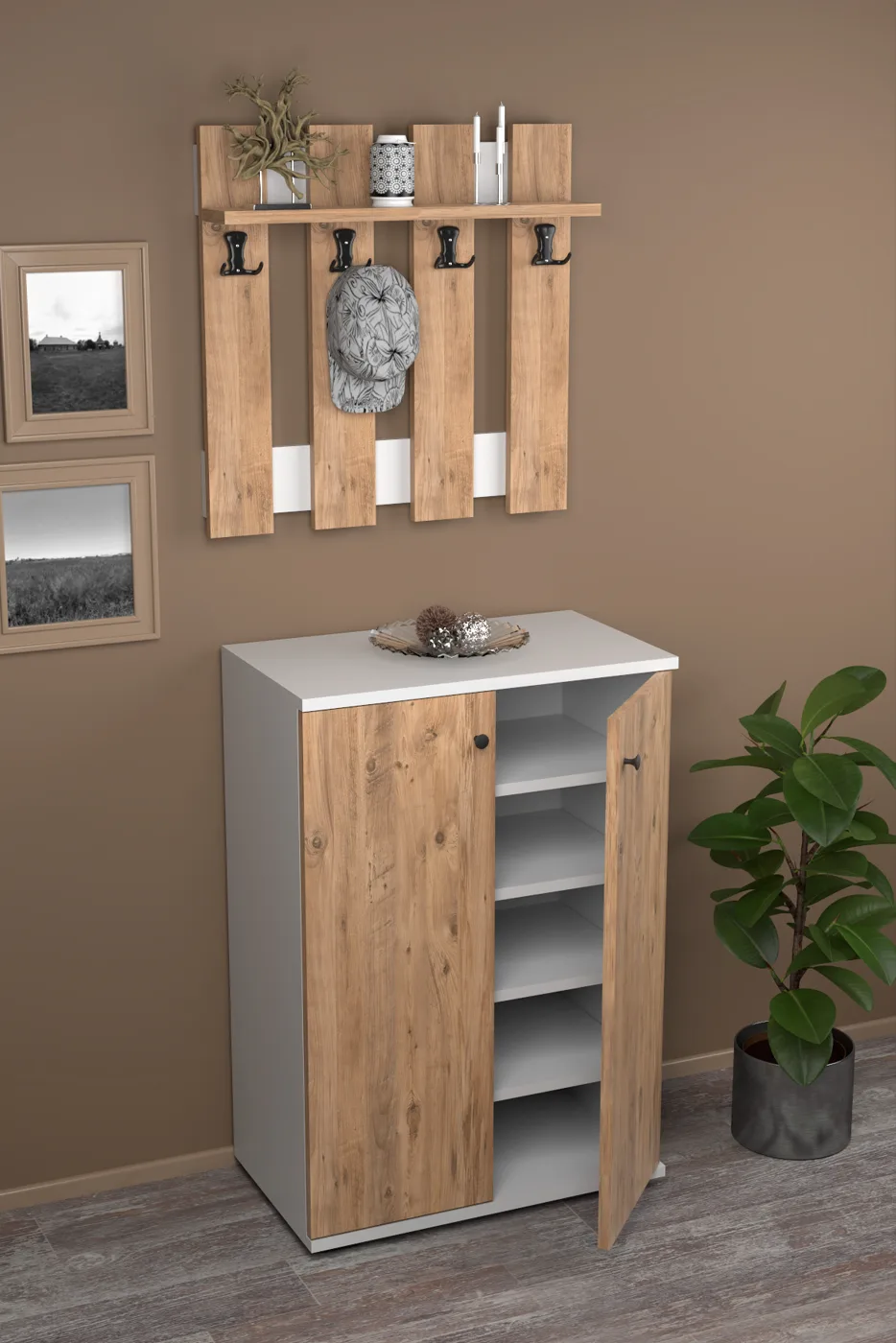 Coat Rack and Shoe Cabinet Set Melamine-faced Chipboard Brown