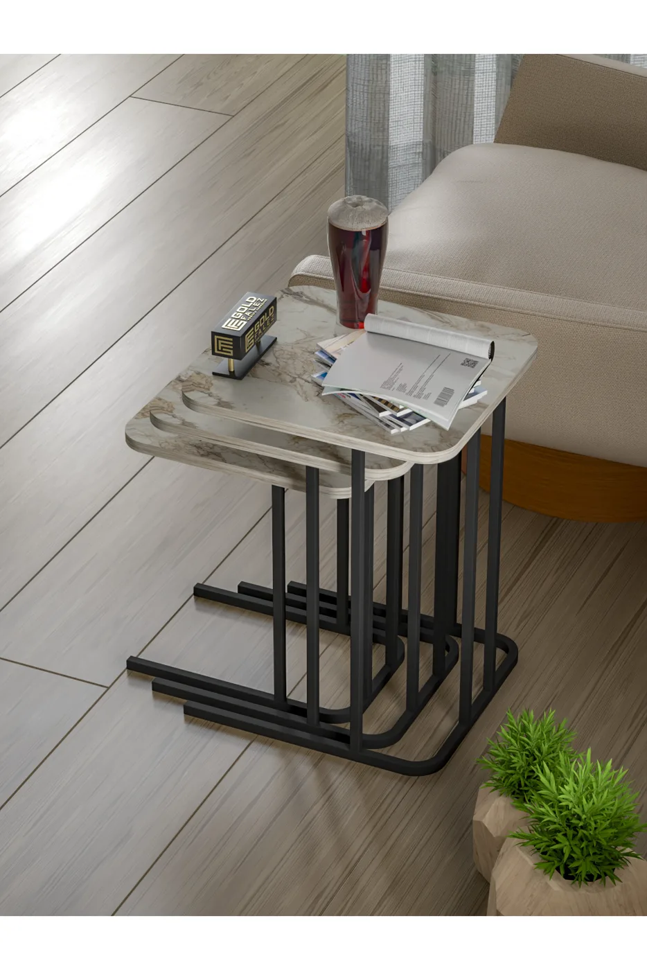 Zino 3-Piece Nesting Table Set Melamine-faced chipboard Ecru