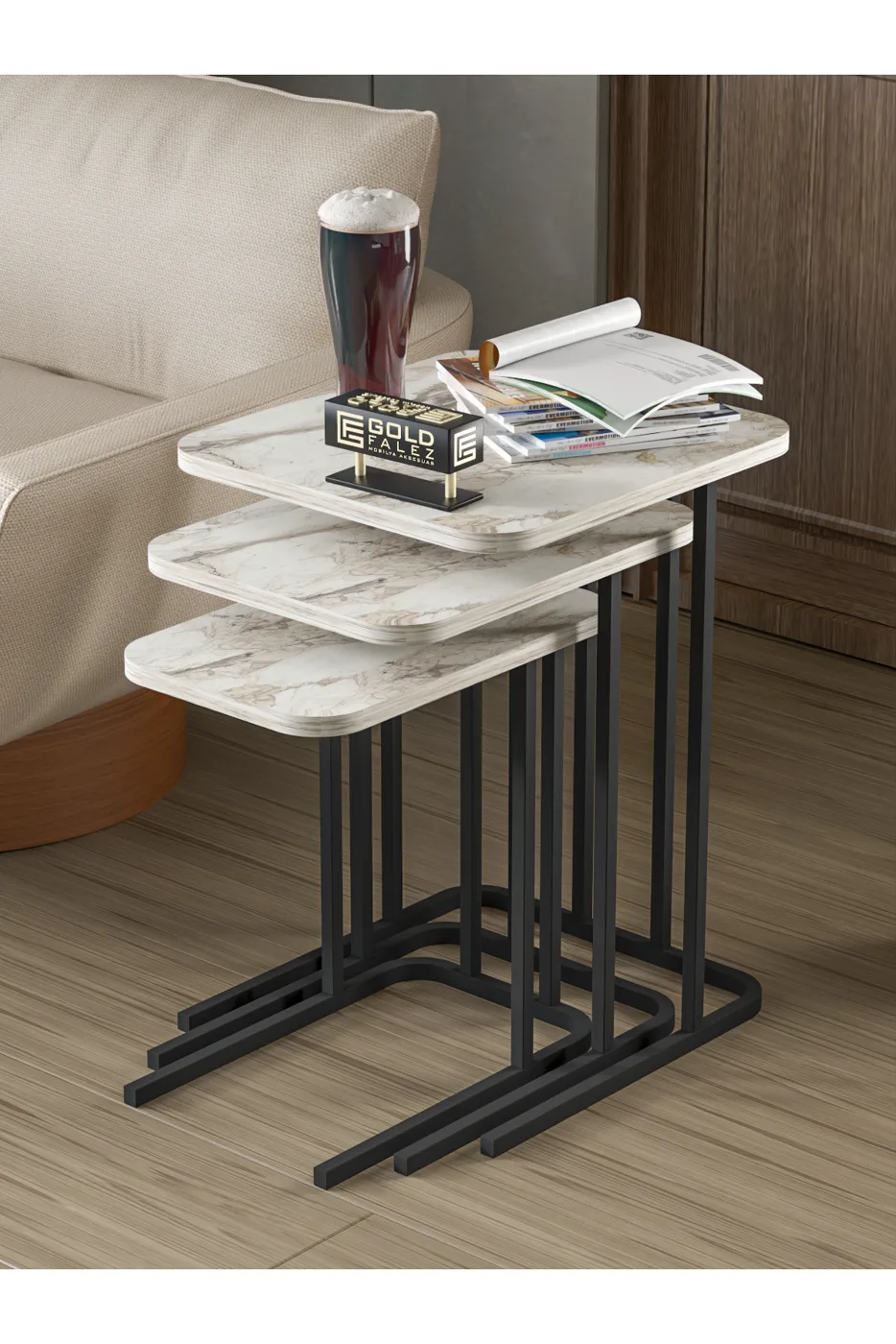 Zino 3-Piece Nesting Table Set Melamine-faced chipboard Ecru