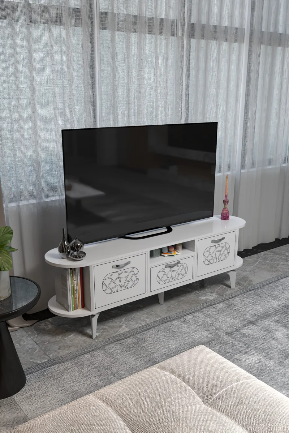 Mira Silver TV Unit Melamine-faced chipboard White