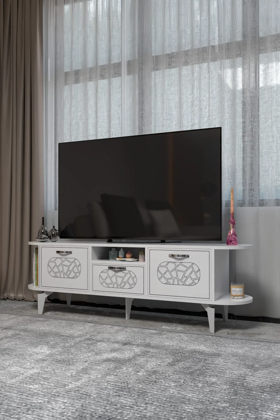 Mira Silver TV Unit Melamine-faced chipboard White