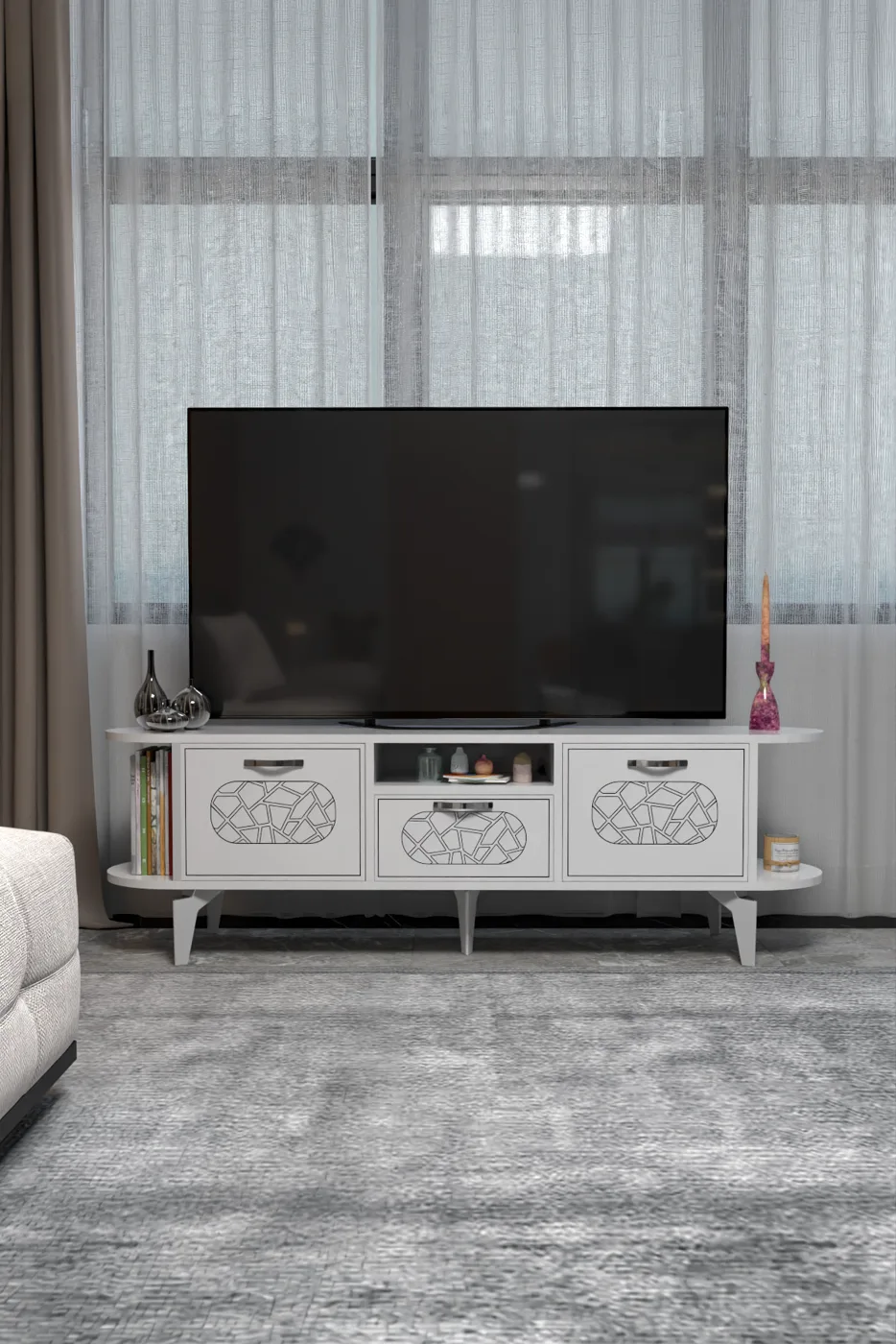 Mira Silver TV Unit Melamine-faced chipboard White