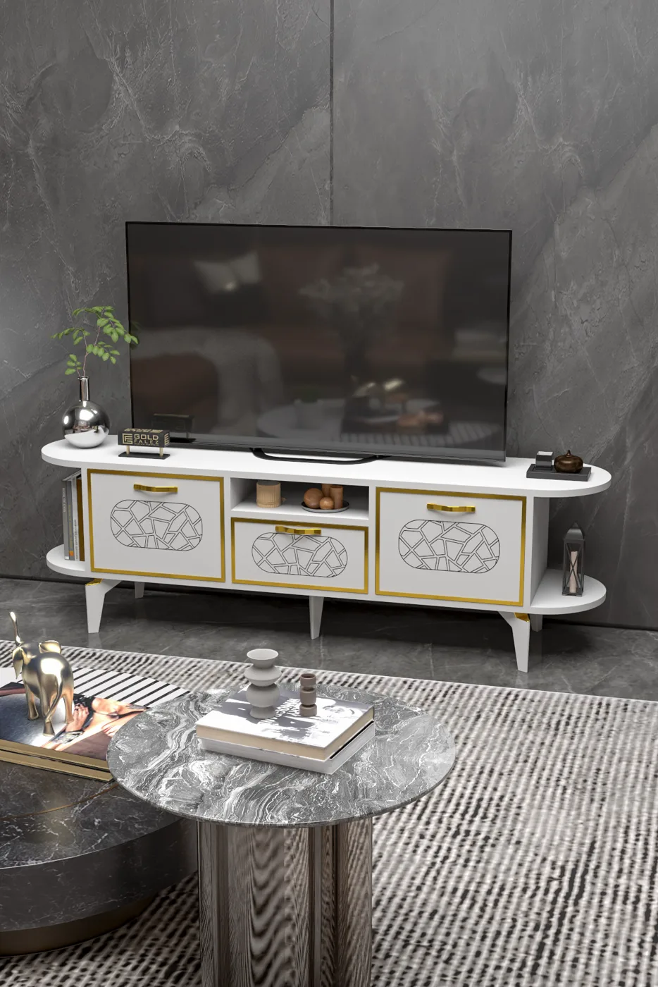Mira Gold TV Unit Melamine-faced chipboard White