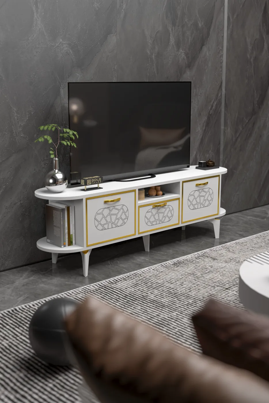 Mira Gold TV Unit Melamine-faced chipboard White