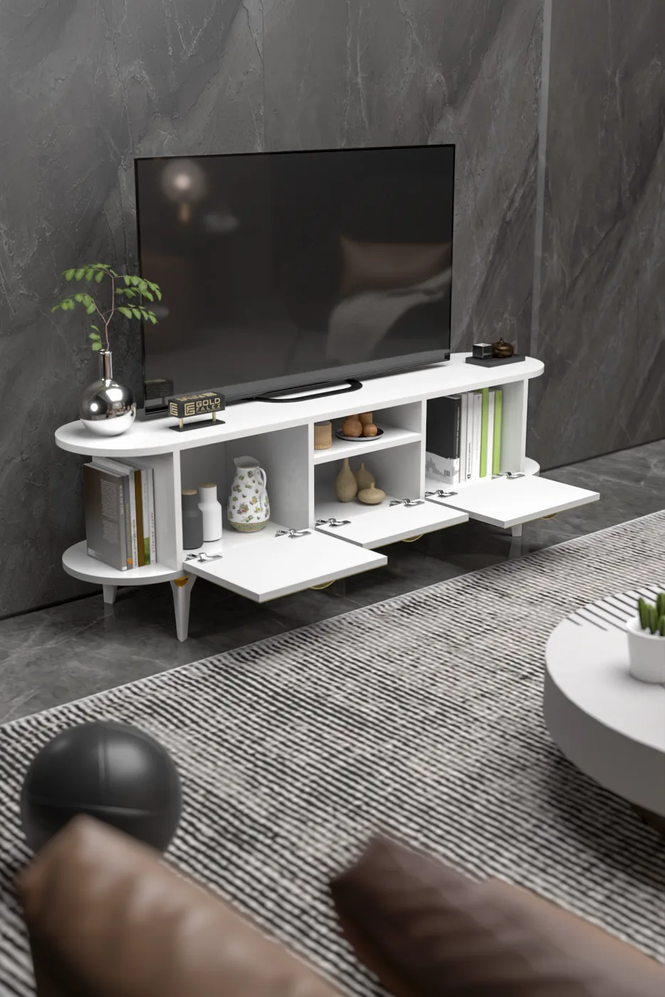 Mira Gold TV Unit Melamine-faced chipboard White