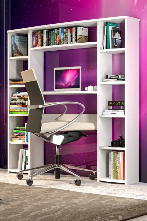 10-Shelved Bookcase Desk Melamine-faced chipboard White