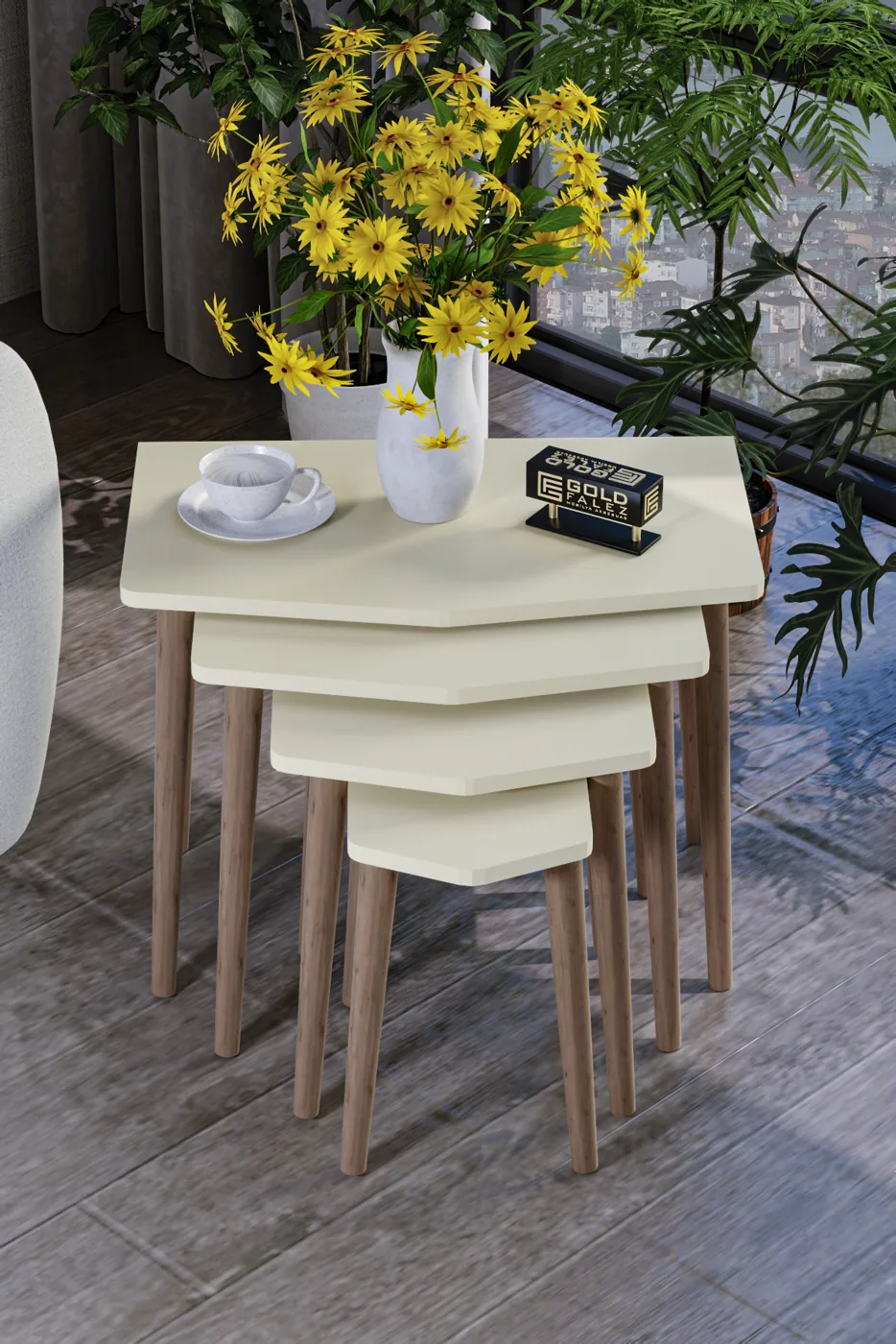 Elya 4-teiliges Satztisch-Set melaminbeschichtete Spanplatte Beige