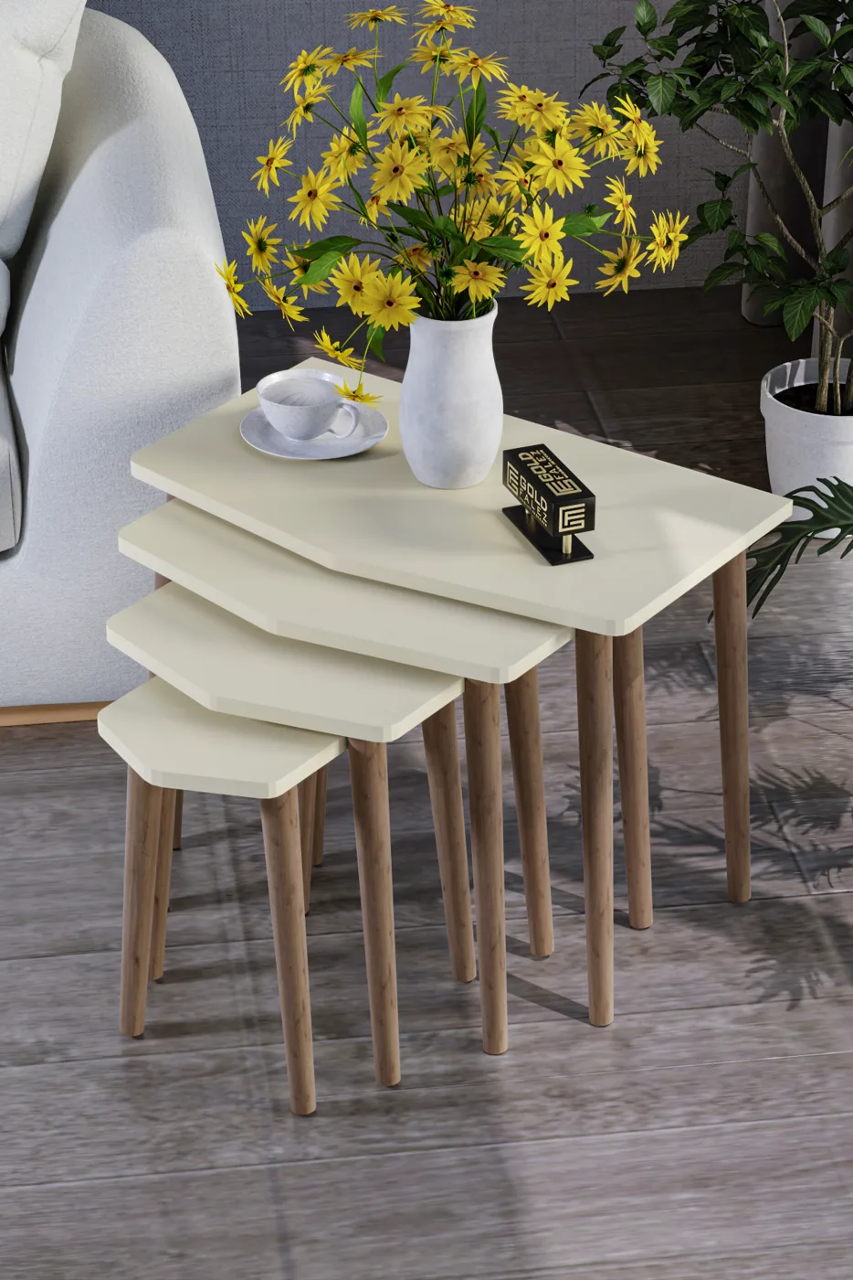 Elya 4-teiliges Satztisch-Set melaminbeschichtete Spanplatte Beige