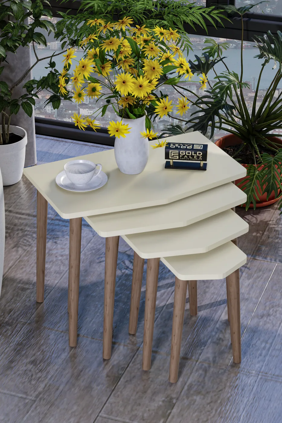 Elya 4-teiliges Satztisch-Set melaminbeschichtete Spanplatte Beige