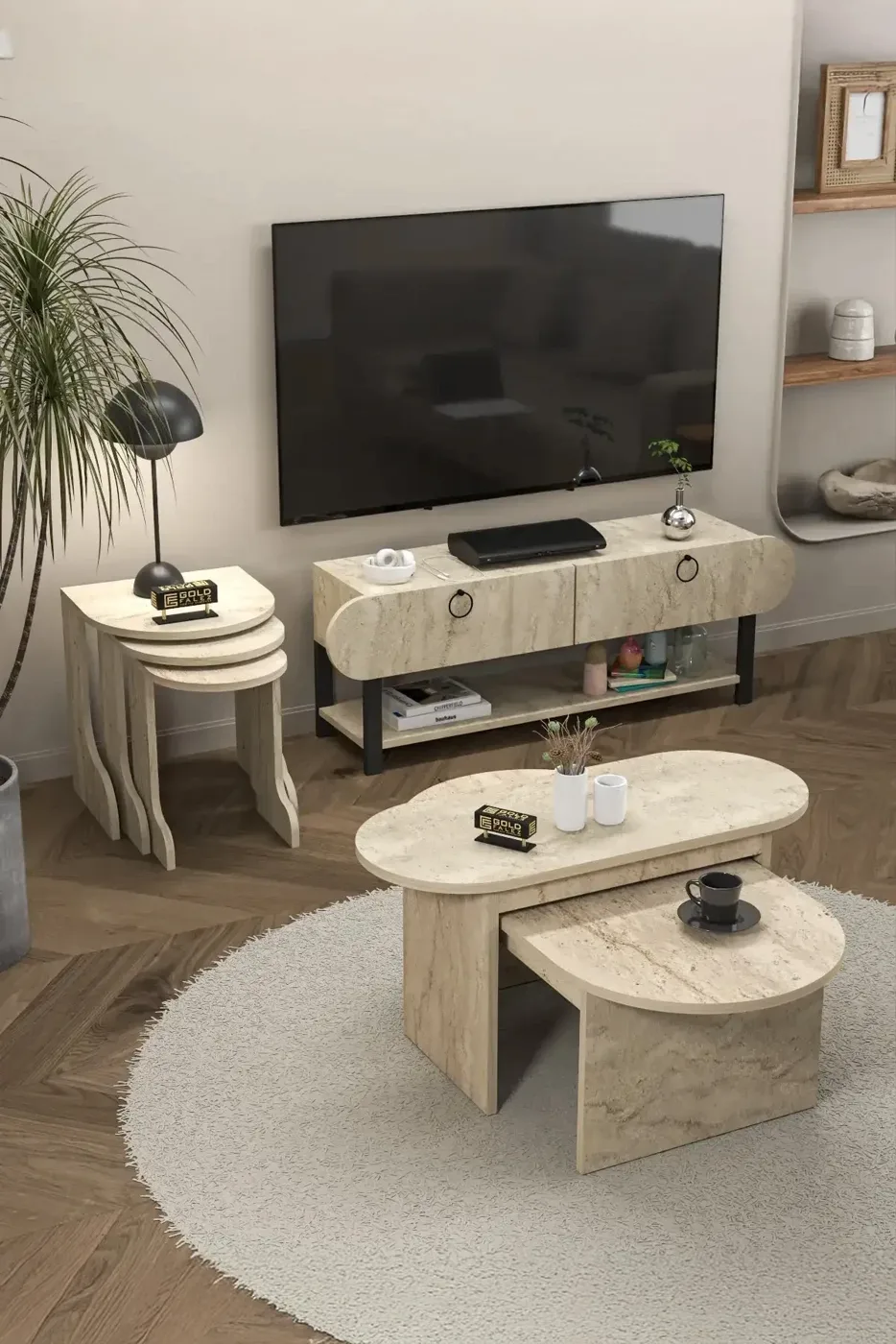 Setro 6-Piece Table and TV Unit Set Melamine-faced Chipboard Ecru