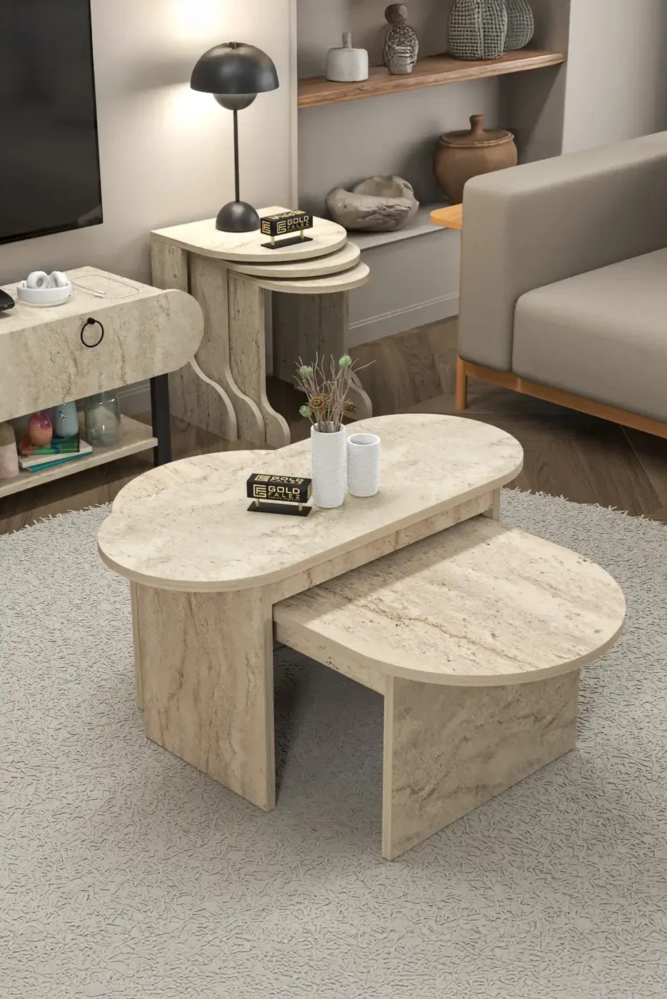 Setro 6-Piece Table and TV Unit Set Melamine-faced Chipboard Ecru