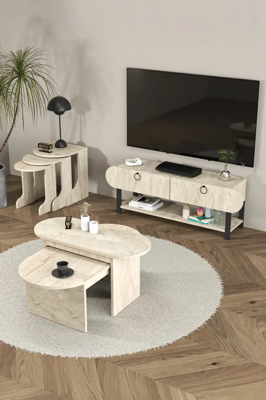Setro 6-Piece Table and TV Unit Set Melamine-faced Chipboard Ecru