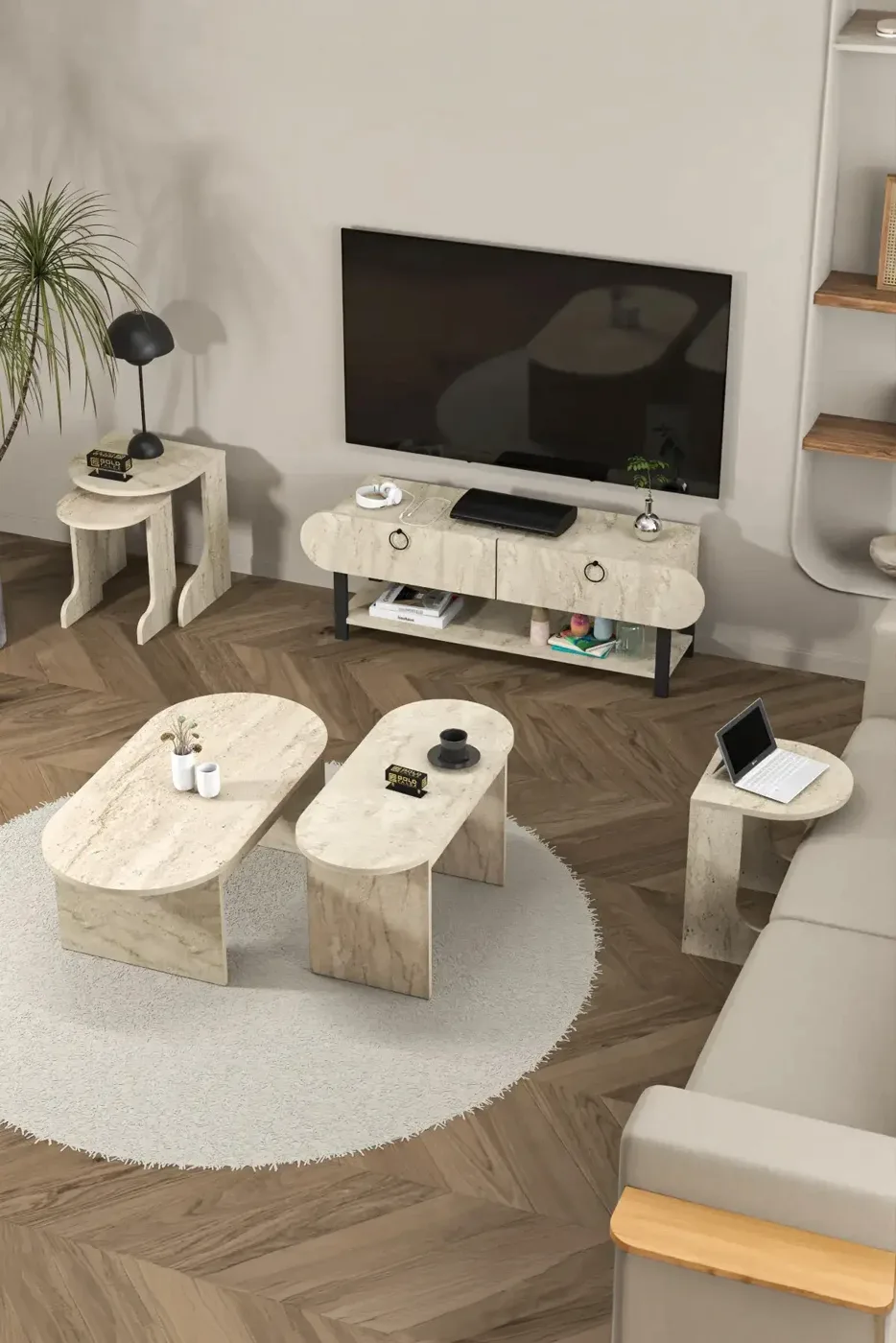 Setro 6-Piece Table and TV Unit Set Melamine-faced Chipboard Ecru