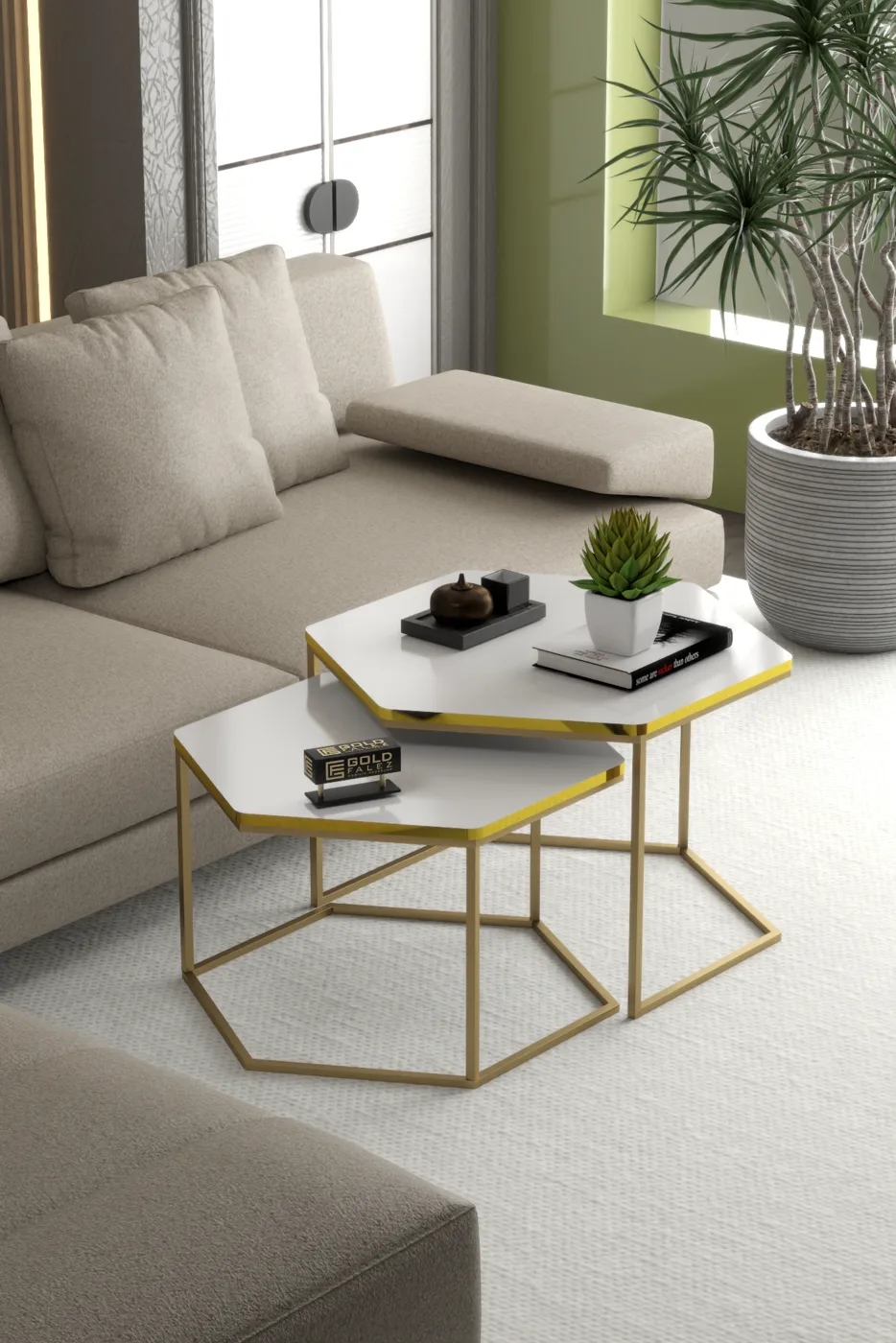 Hexagonal 2-Piece Coffee Table Melamine-faced Chipboard Yellow