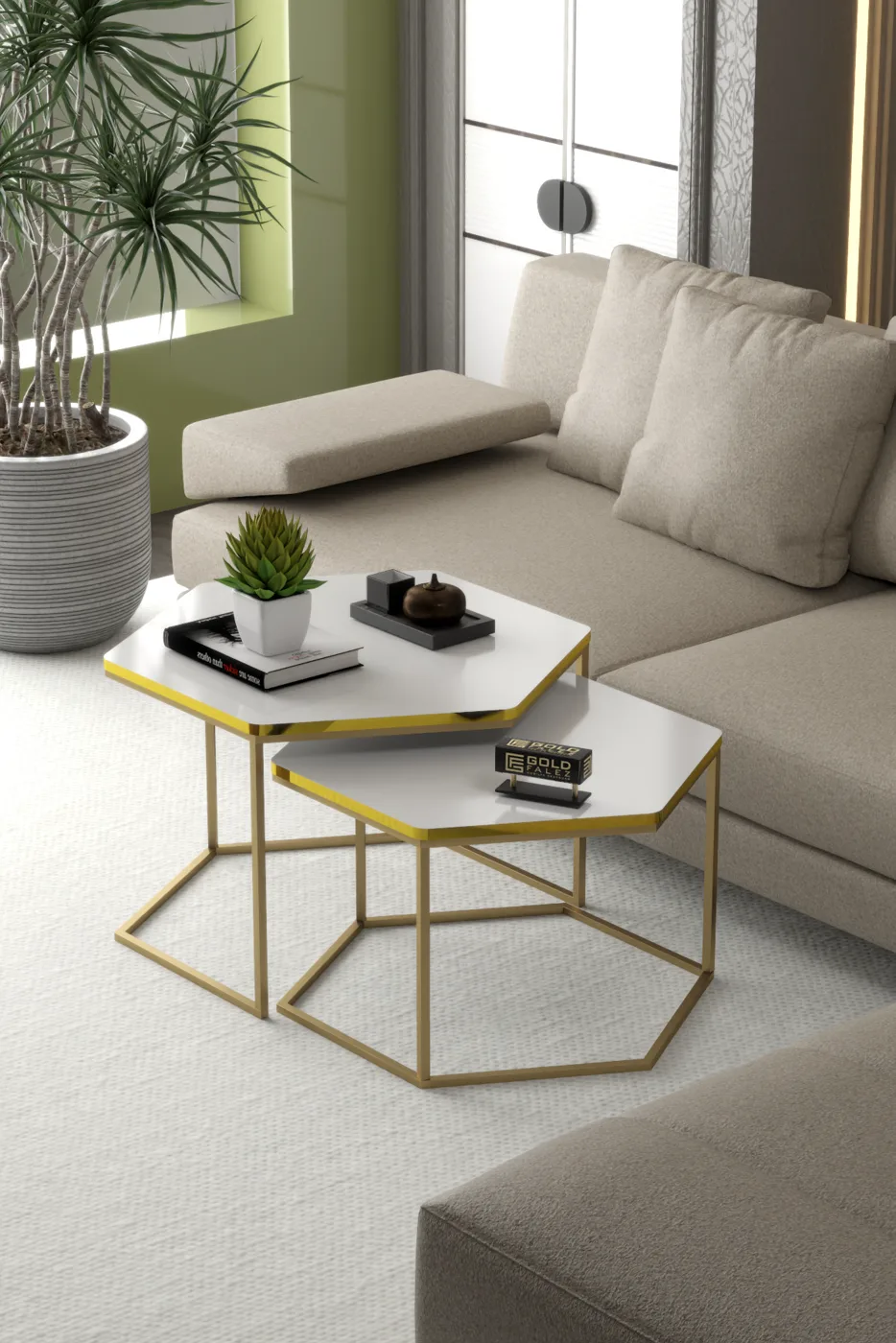 Hexagonal 2-Piece Coffee Table Melamine-faced Chipboard Yellow