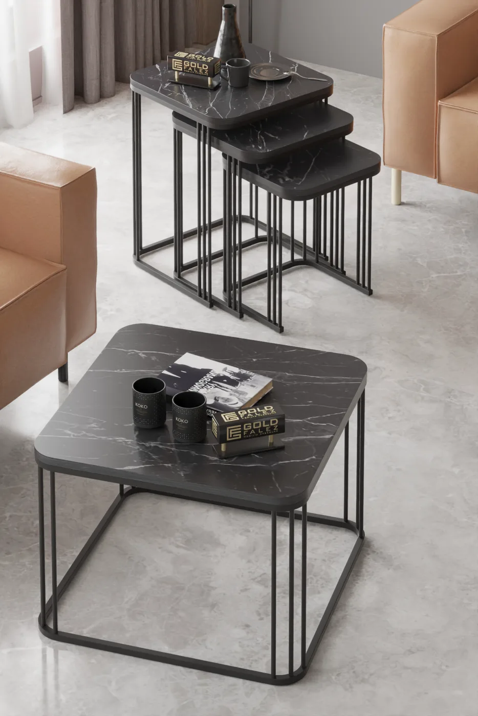 Alize Coffee Table and Nesting Table Set Melamine-faced Chipboard Black