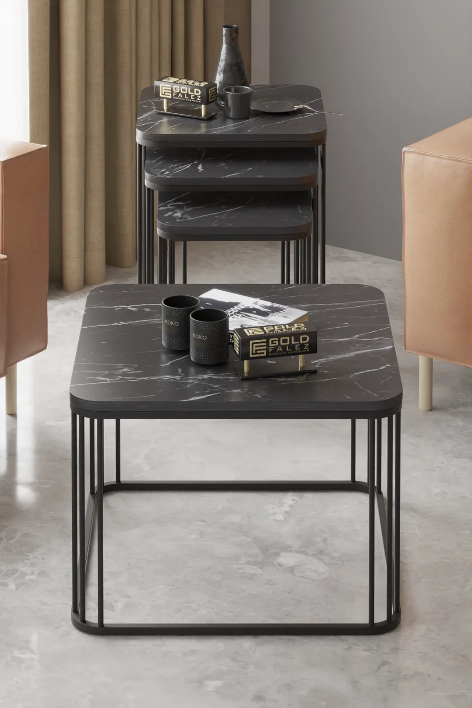 Alize Coffee Table and Nesting Table Set Melamine-faced Chipboard Black