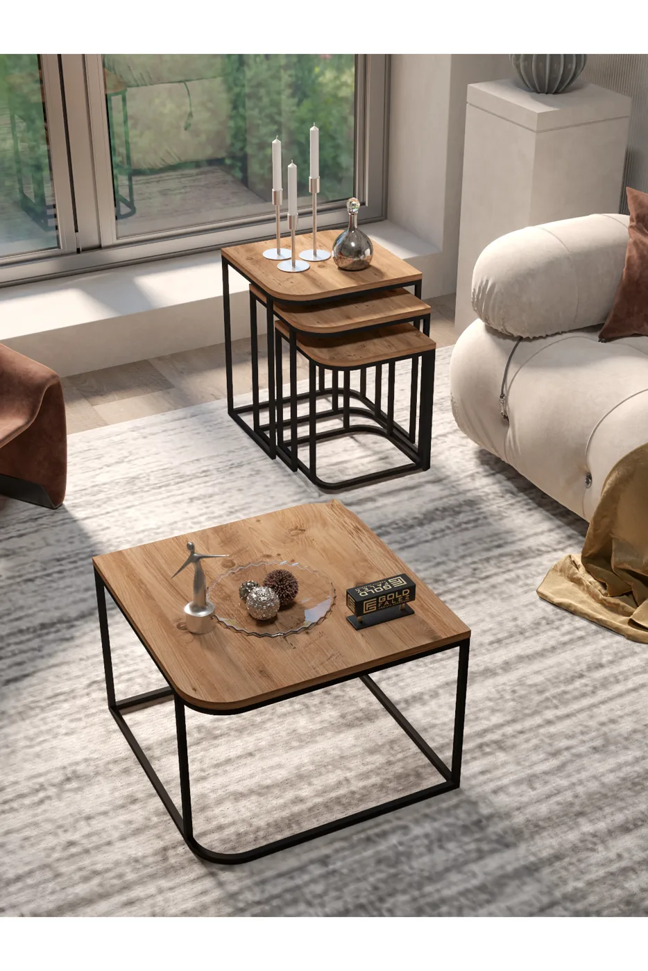 Damla Coffee Table and Nesting Table Set Melamine-faced chipboard Brown
