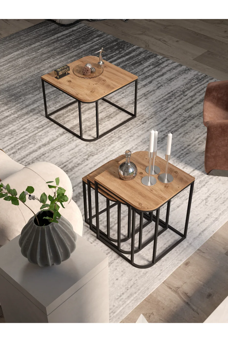 Damla Coffee Table and Nesting Table Set Melamine-faced chipboard Brown