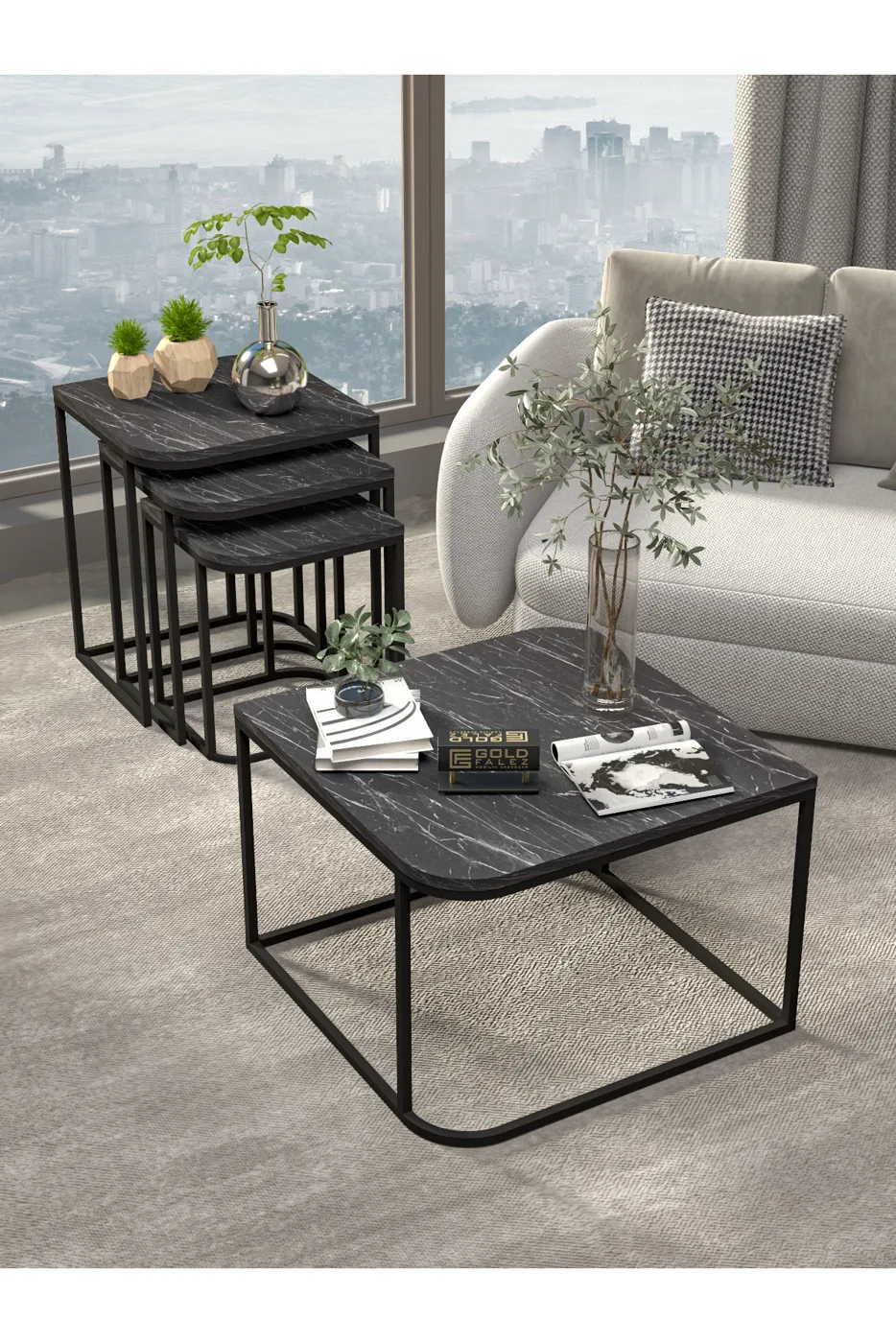 Damla Coffee Table and Nesting Table Set Melamine-faced chipboard Black