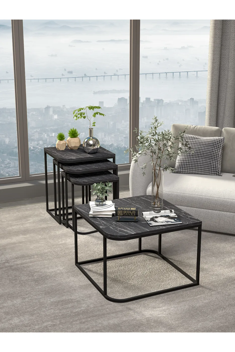 Damla Coffee Table and Nesting Table Set Melamine-faced chipboard Black