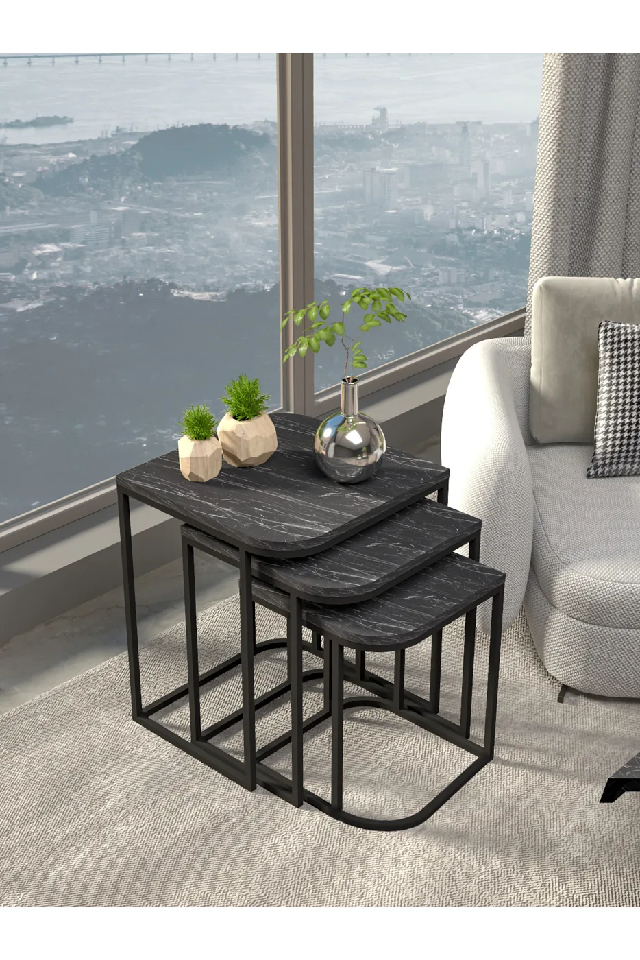 Damla Coffee Table and Nesting Table Set Melamine-faced chipboard Black