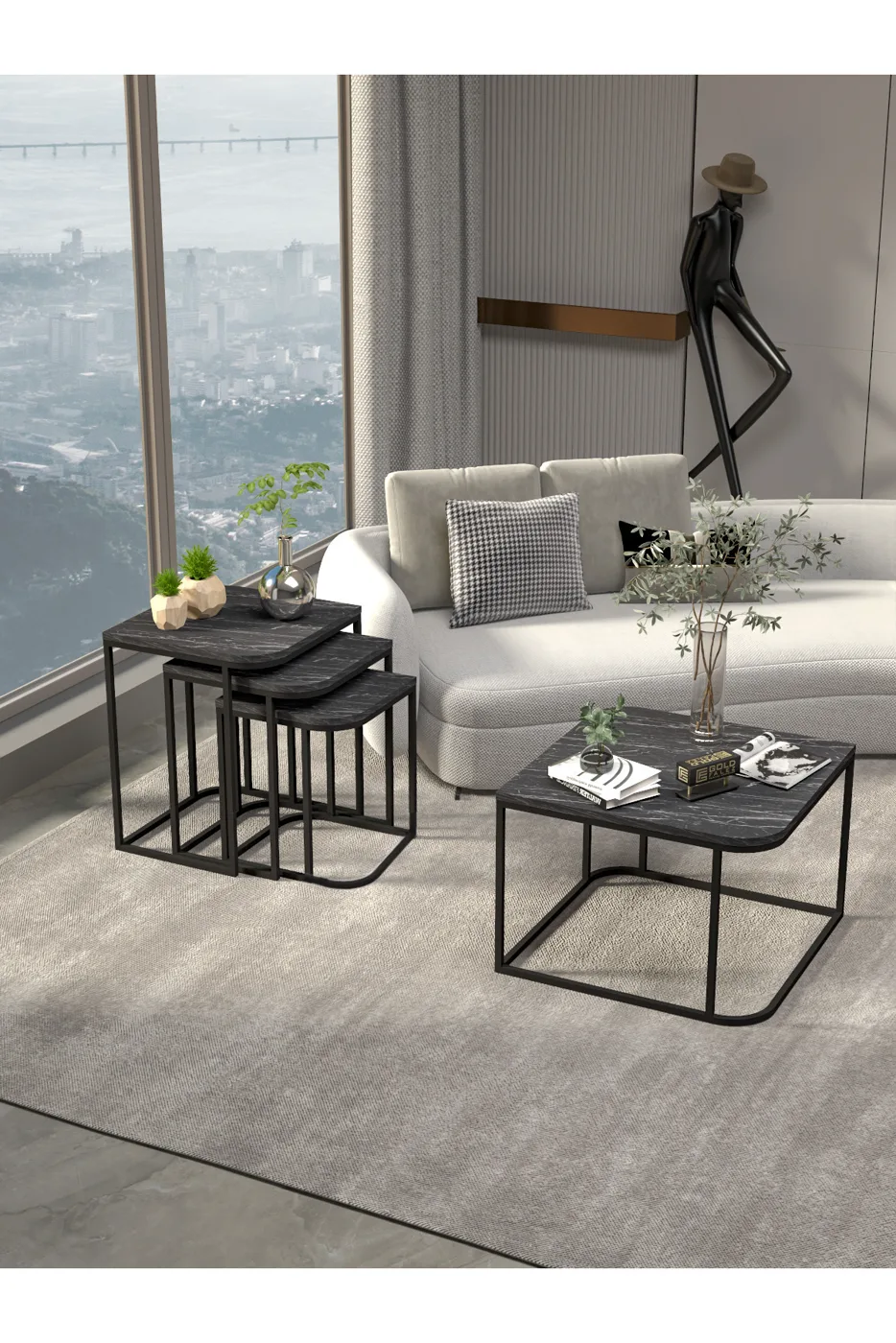 Damla Coffee Table and Nesting Table Set Melamine-faced chipboard Black