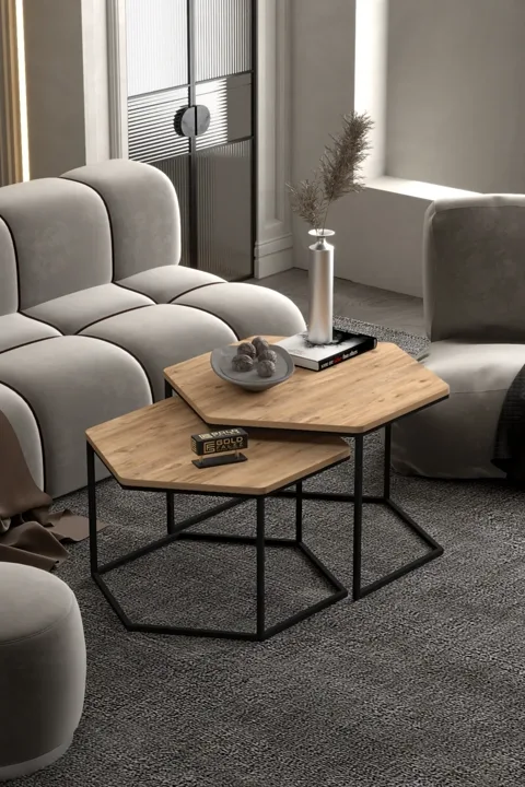 Hexagonal 2-Piece Coffee Table Melamine-faced Chipboard Brown