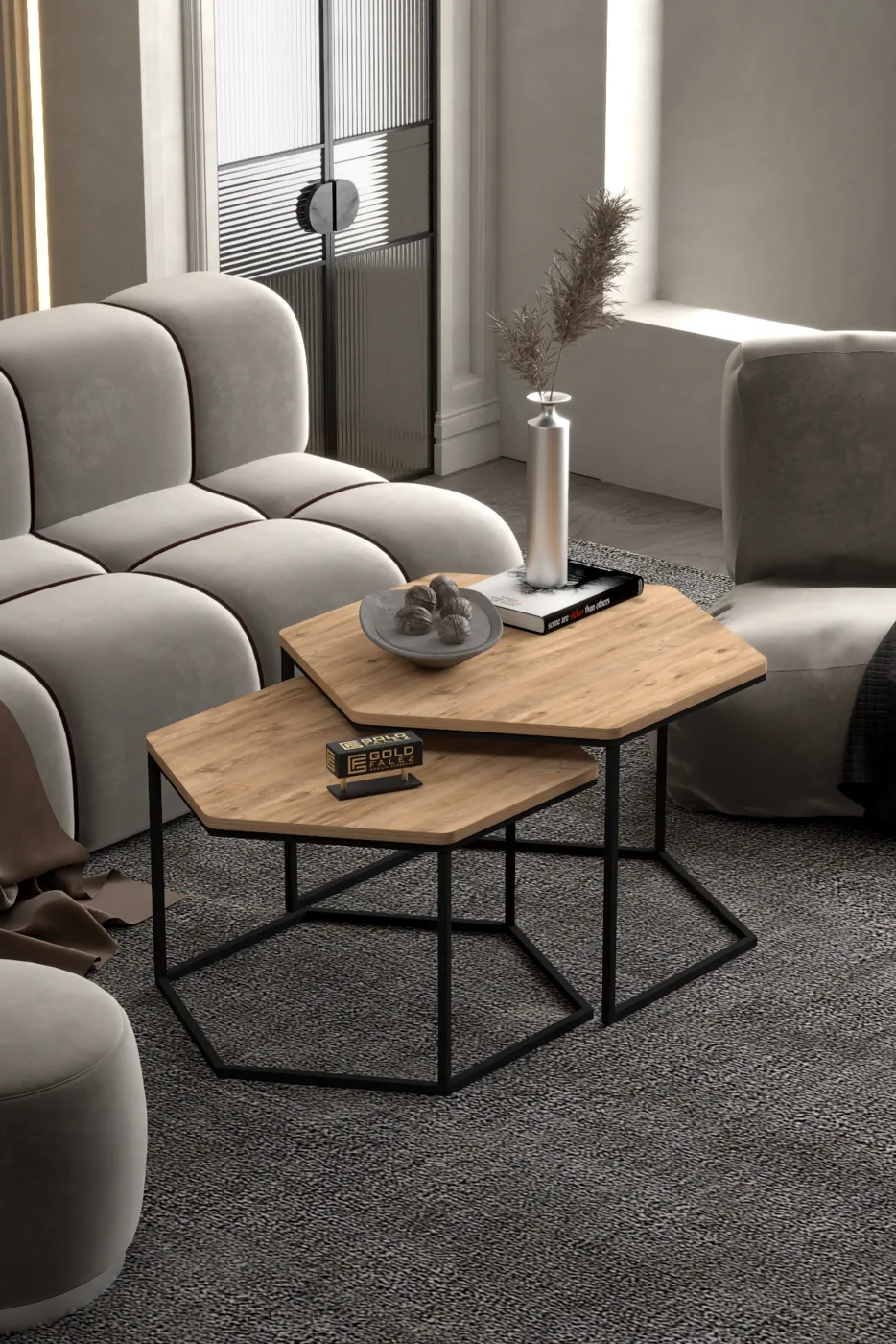 Hexagonal 2-Piece Coffee Table Melamine-faced Chipboard Brown