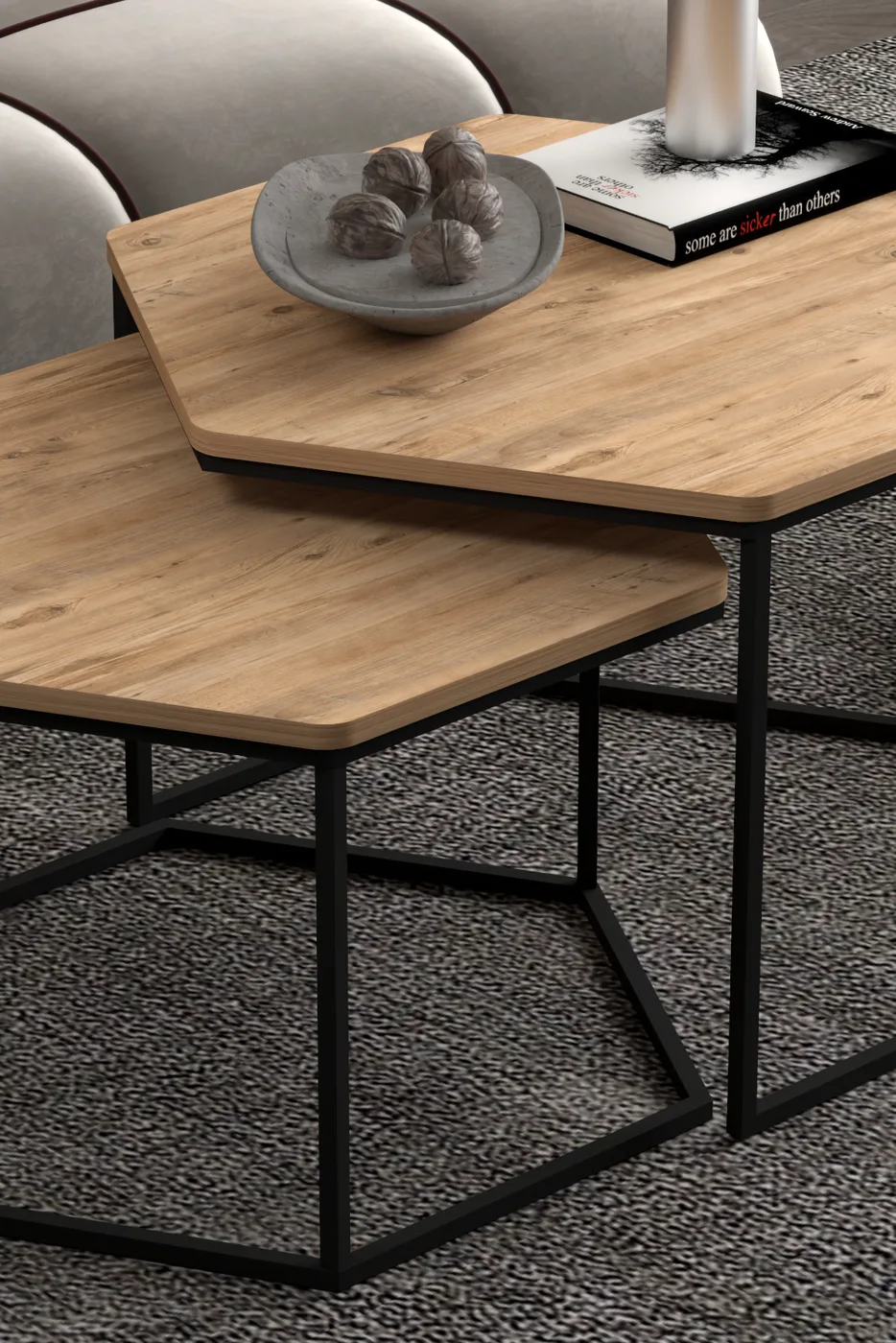 Hexagonal 2-Piece Coffee Table Melamine-faced Chipboard Brown