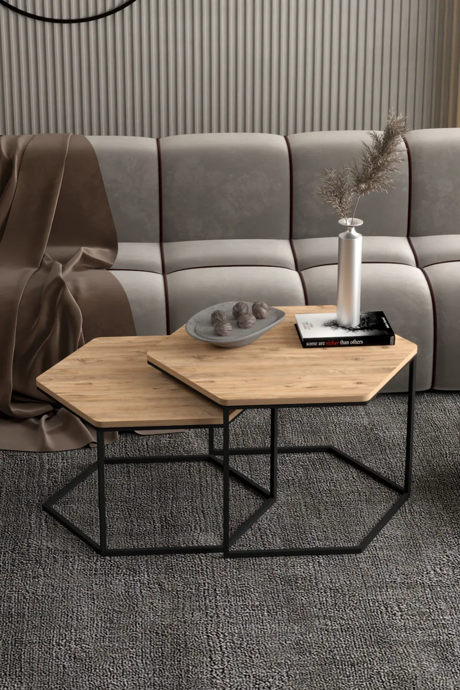 Hexagonal 2-Piece Coffee Table Melamine-faced Chipboard Brown