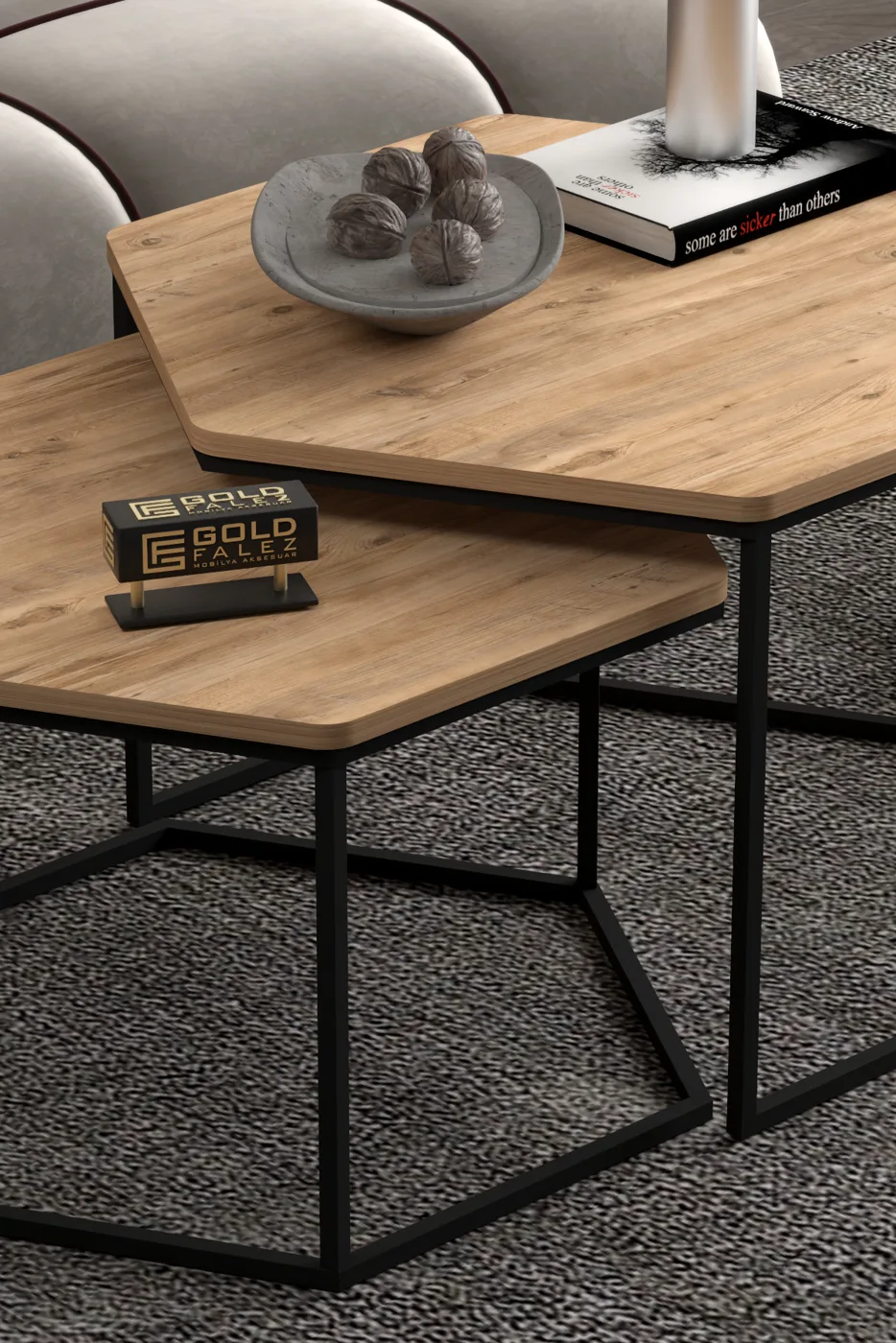 Hexagonal 2-Piece Coffee Table Melamine-faced Chipboard Brown